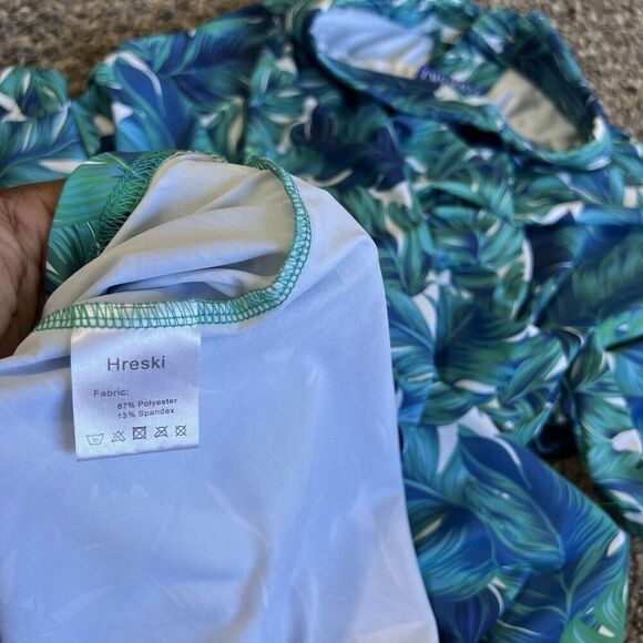 Hreski Men's S Performance Golf Polo Blue/Green Hawaiian Floral Palms Shirt New - Picture 5 of 5